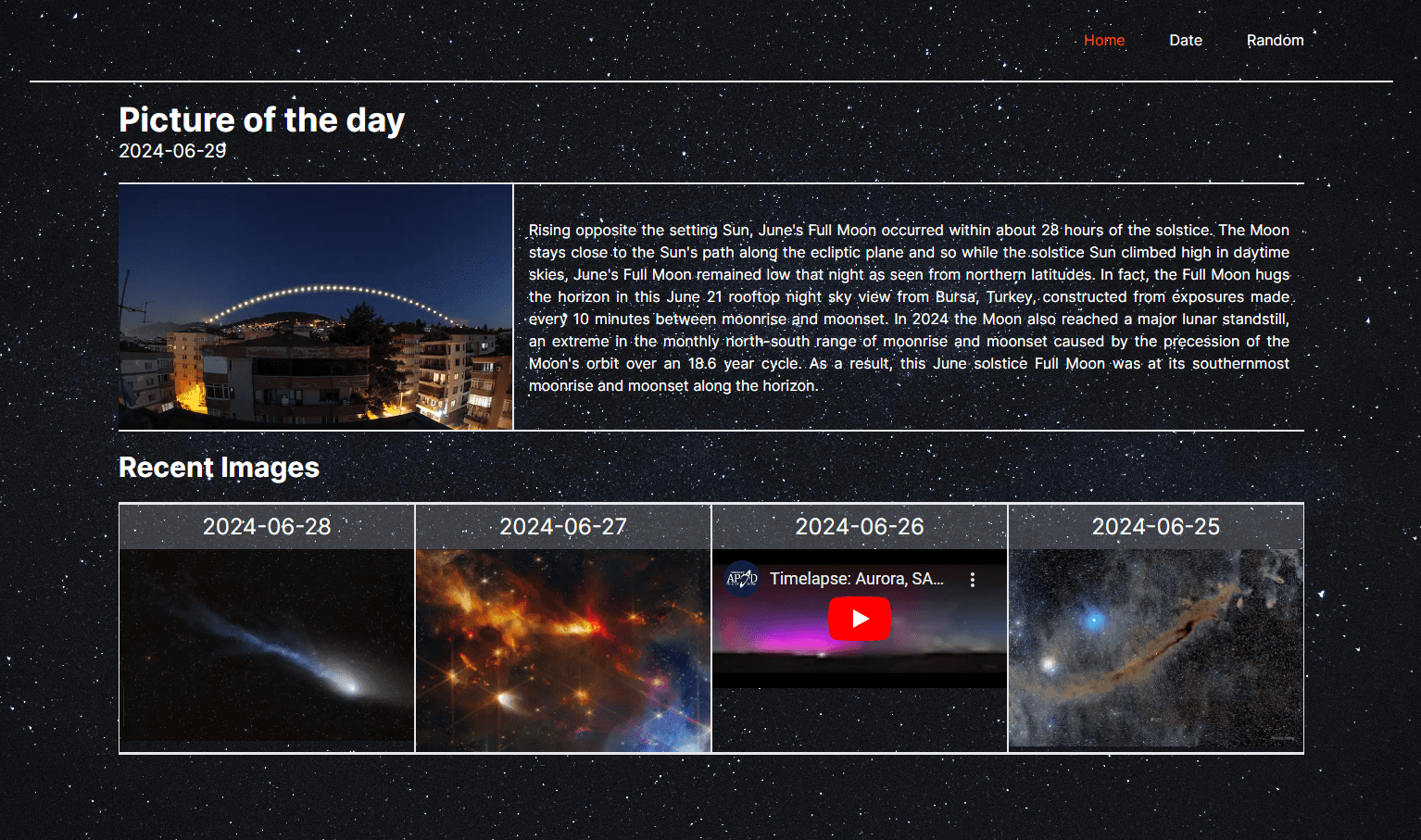 Interface display for Astronomical Picture a day