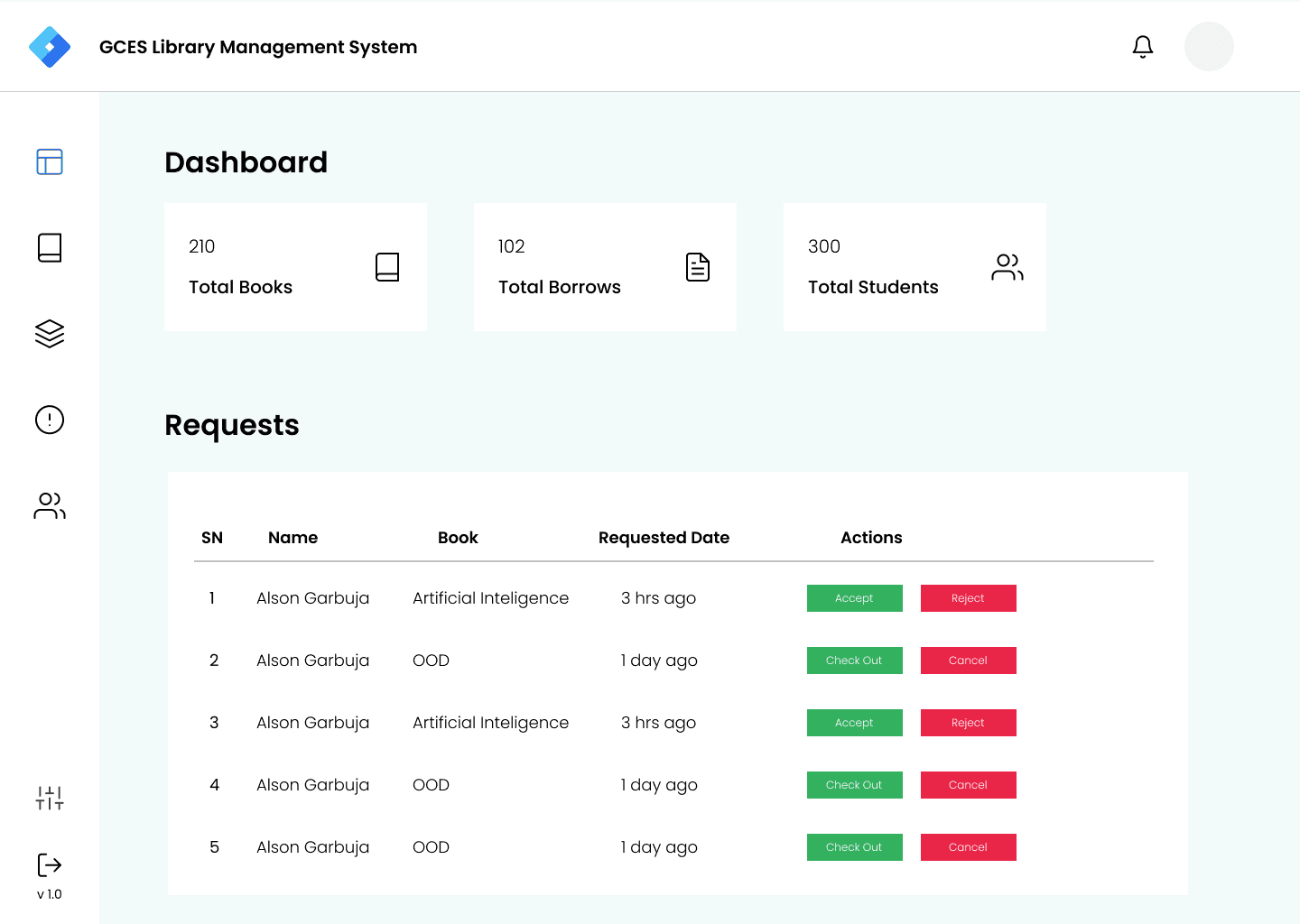 Interface display for GCES library management system